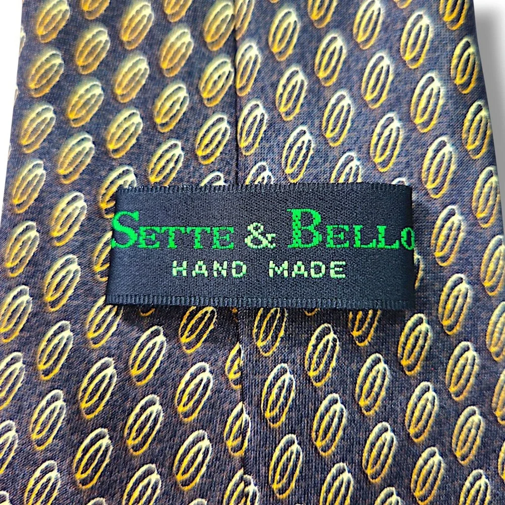 Sette & Bello Silk Necktie Hand Made Geometric Oval Medallion Blue Gold‎ OS